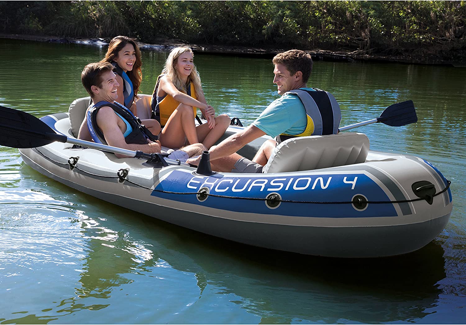 Intex Excursion 4-Person Inflatable Boat Set with Aluminum Oars and High Output Air Pump