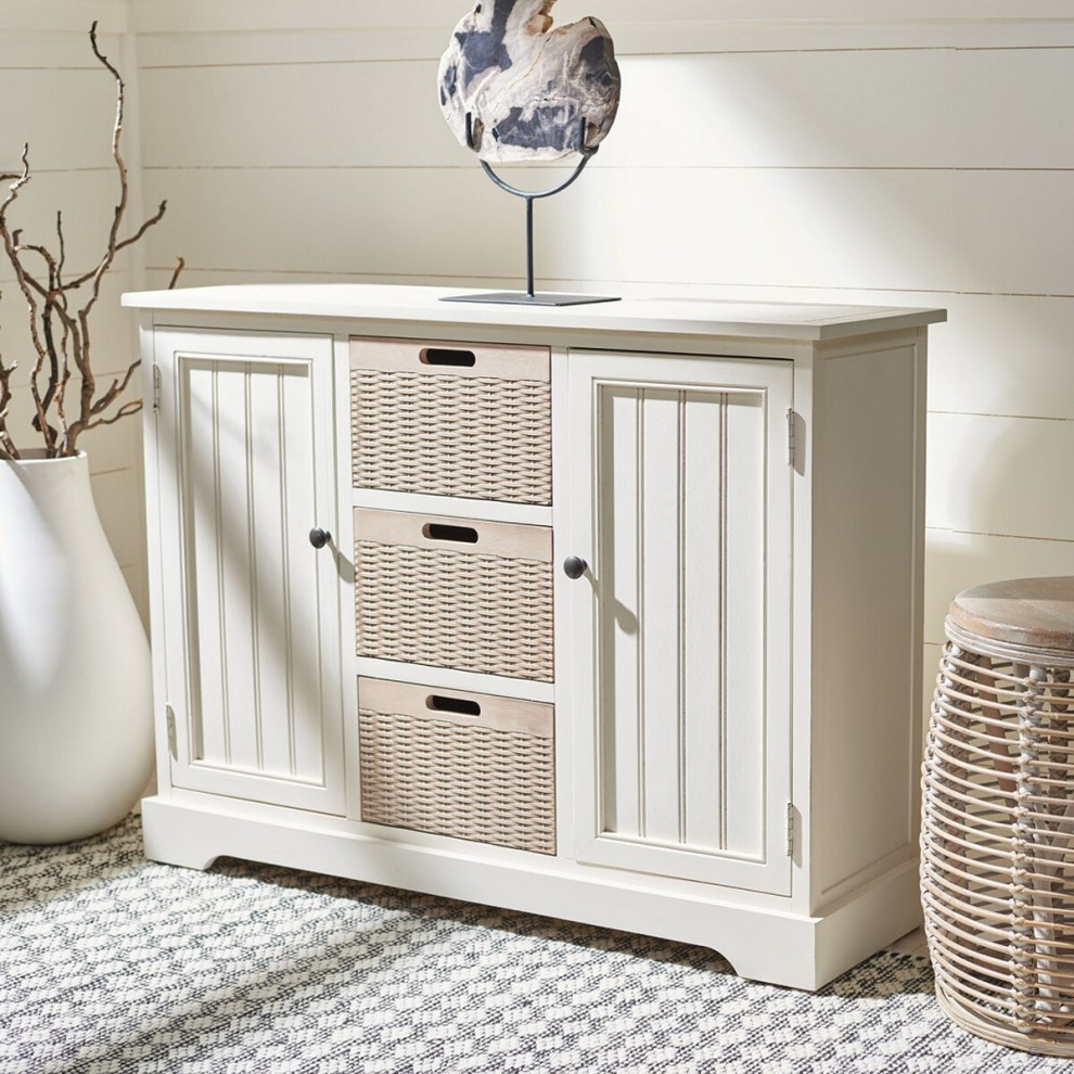 Ophelia 2 Door and 3 Removable Baskets Distressed White w/ Natural Baskets   Farmhouse   Console Tables   by AED Luxury Home Decor  Houzz