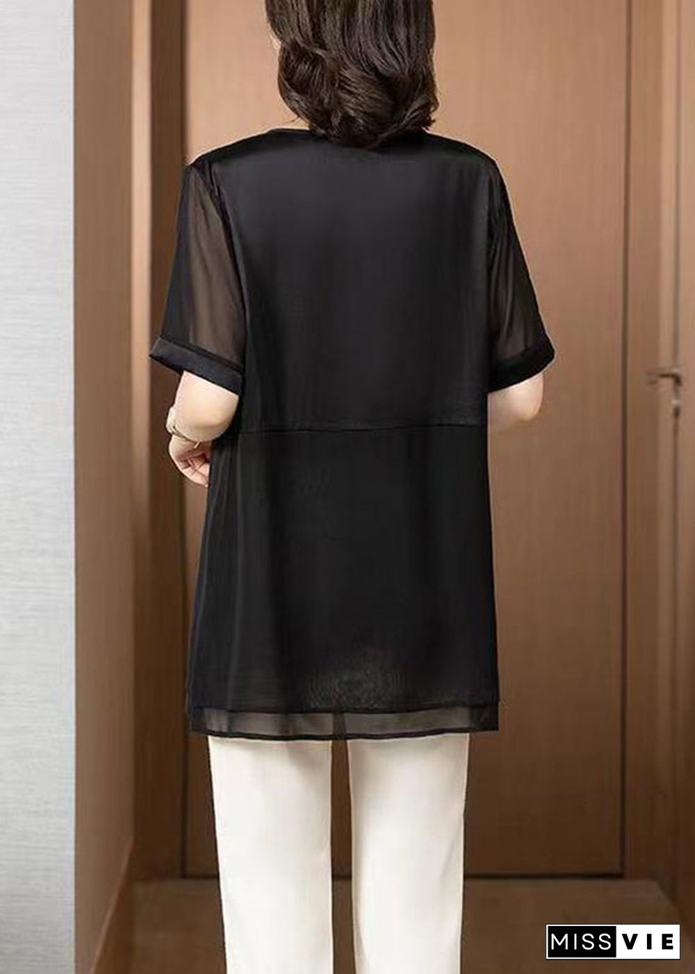 Loose Black O Neck Patchwork Chiffon T Shirt Tops Summer