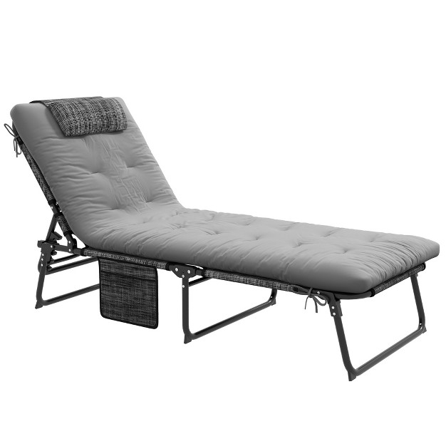 Outsunny Folding Chaise Lounge Pool Chairs With 4 level Reclining Back Outdoor Sun Tanning Chairs With Cushion Side Pocket Headrest