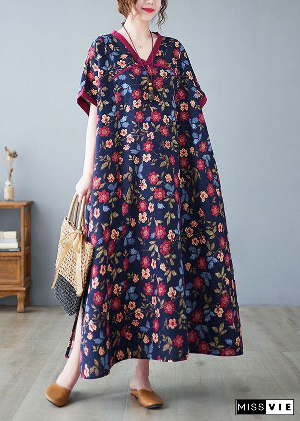 Classy Mulberry V Neck Print Cotton Long Dresses Summer