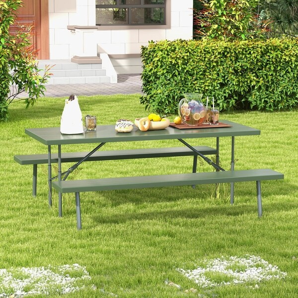 Folding Picnic Table Set with Metal Frame and AllWeather HDPE Tabletop，Umbrella Hole