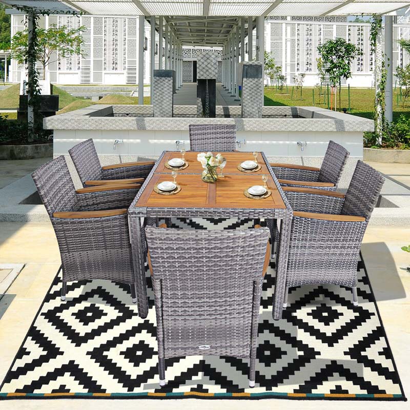 7 Pcs Rattan Wicker Outdoor Patio Dining Furniture Set with Acacia Wood Table & 6 Cushioned Armchairs