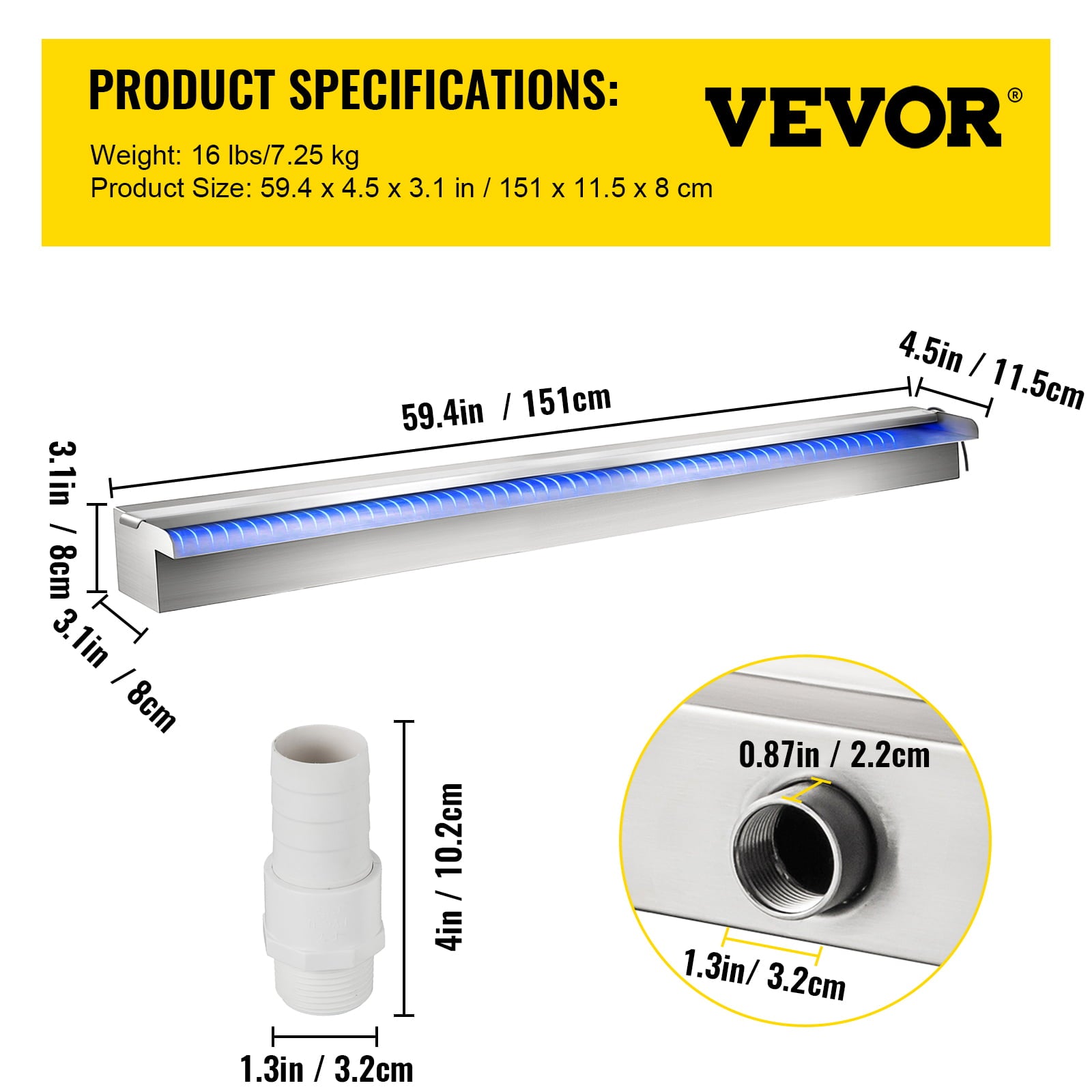 VEVORbrand Pool Fountain Stainless Steel Pool Waterfall 59.4" x 4.5" x 3.1" (W x D x H) with LED Strip Light Waterfall Spillway with Pipe Connector Rectangular Garden Outdoor (59.4")