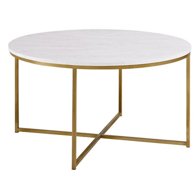 Modern Round White Faux-Marble Coffee Table with Gold Base