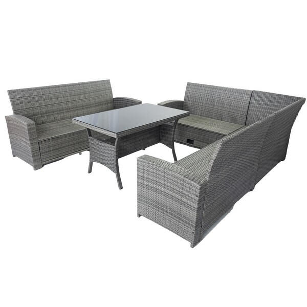 Grey Wicker 5piece Patio Outdoor Conversation Sectional Set with 3 UnderSeat Storage Compartments，Cushions