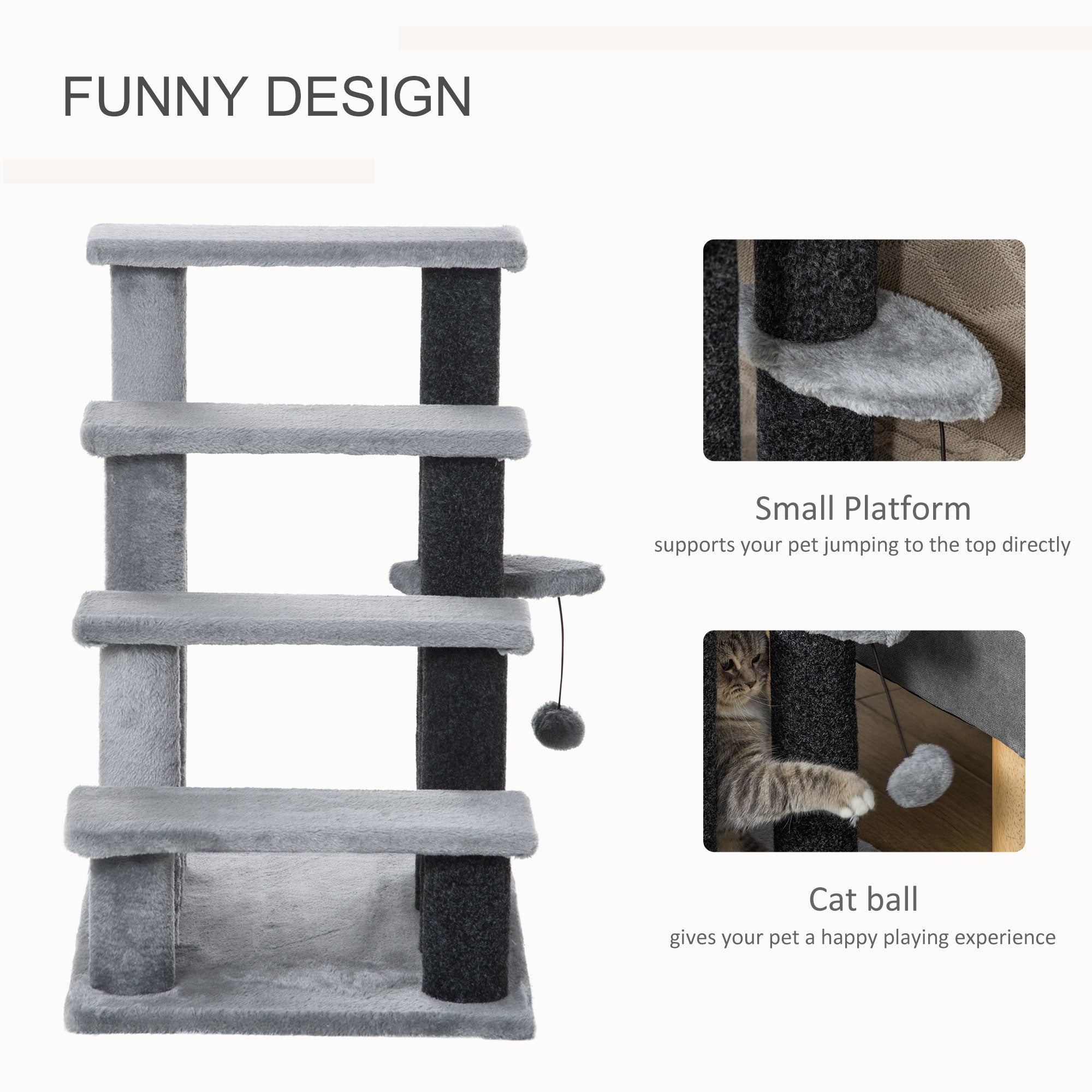 PawHut 4-Level Cat Stair Ladder， Kitten Tree Climber， with Hanging Play Ball， Steps for Bed， Sofa， Light Grey