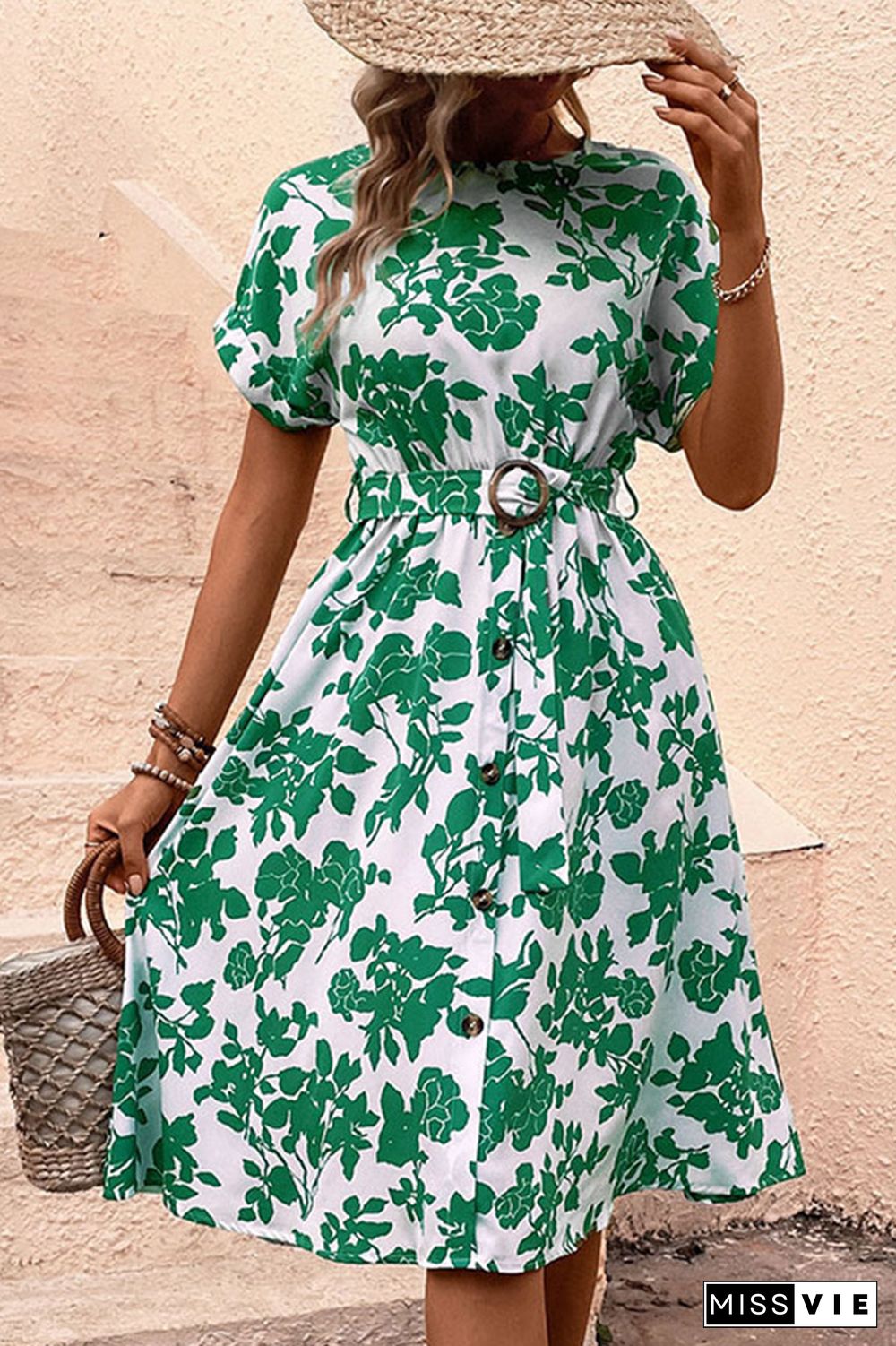 Green Flower Print Dress with Belt