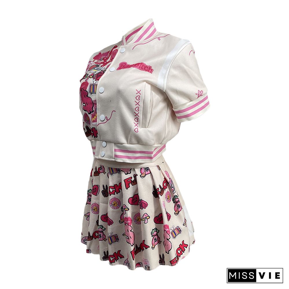 Short Sleeve Print Baseball Jacket Pleated Skirt Sets