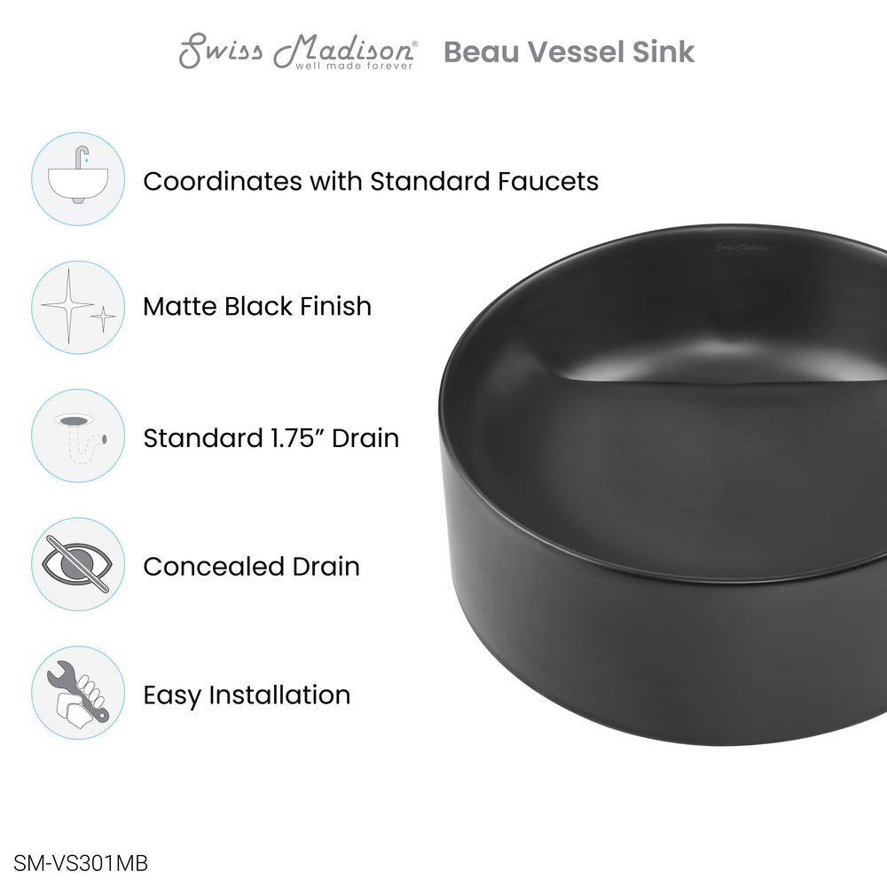 Swiss Madison Beau 16.5 in. Round Ceramic Vessel Bathroom Sink in Matte Black SM-VS301MB