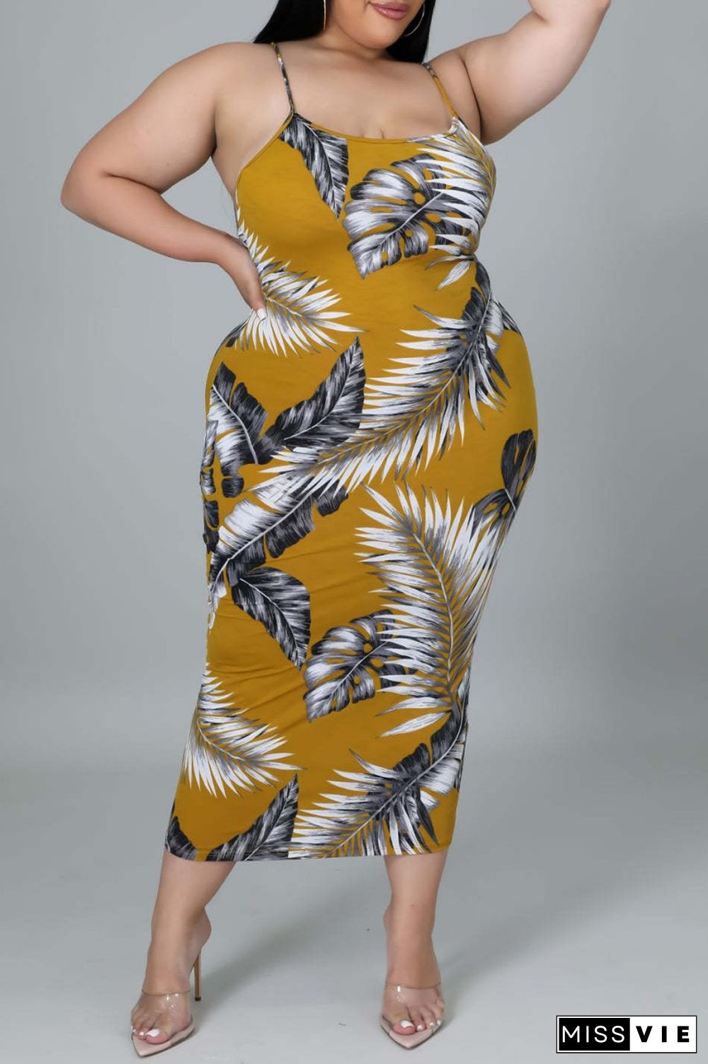 Orange Sexy Casual Print Backless O Neck Sling Dress Plus Size Dresses