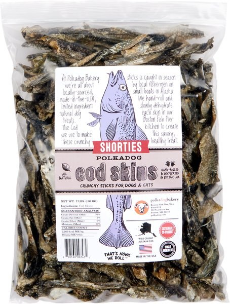 Polkadog Cod Skin Shorties Dehydrated Dog and Cat Treats， 2-lb bag