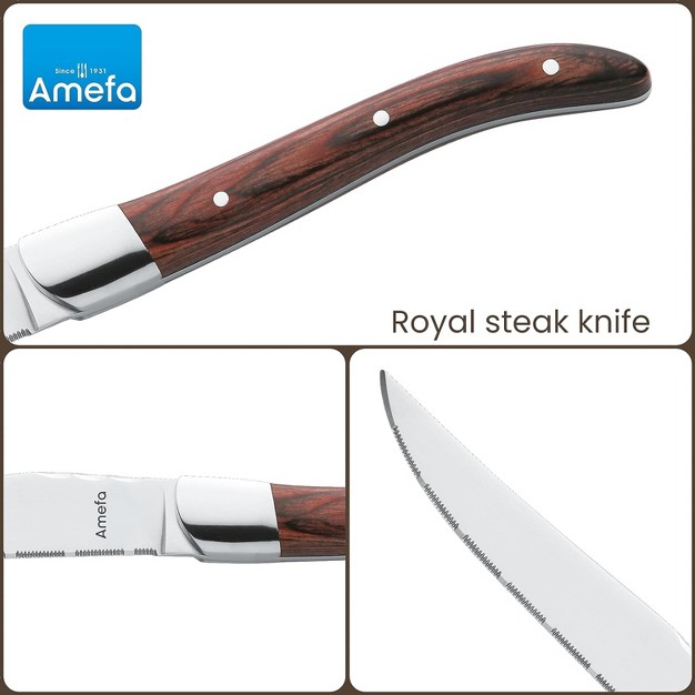 Amefa Royal Steak Knives Set Of 6 Hardened Stainless Steel Triple Rivet Pakka Wood Ergonomic Handle Design Serrated Edge 4 Inch Blade Steak Knife