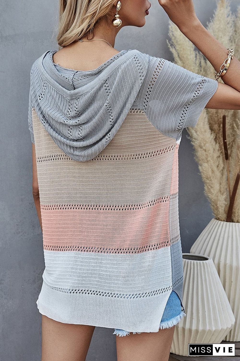 Colorblock Knitted Short Sleeve Hooded T-Shirt