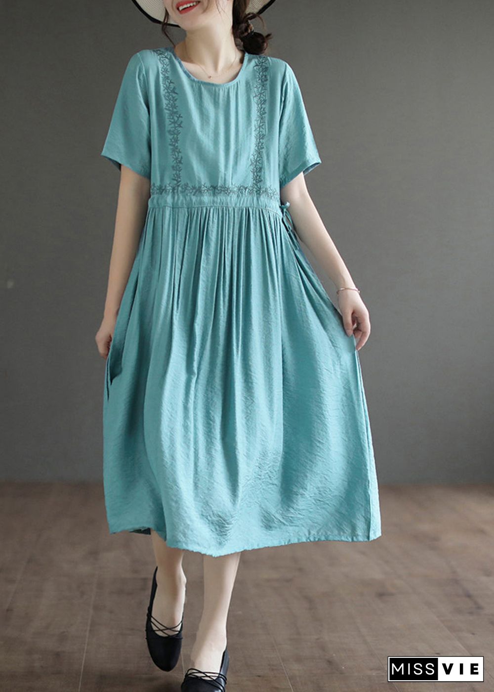 Lake Blue Cotton Maxi Dress Embroideried Summer