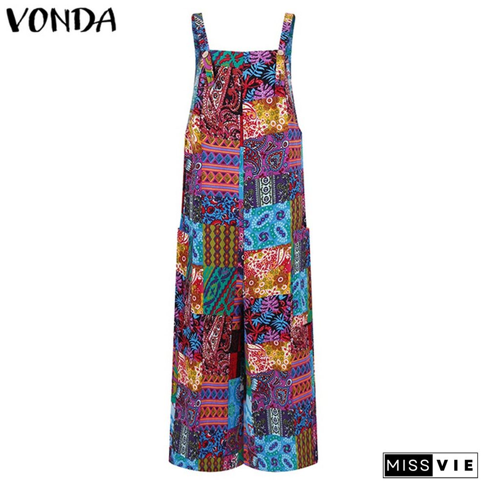 VONDA Women Sleeveless Floral Print Wide Leg Cotton Bib Pants Holiday Summer Party Jumpsuits Overalls Plus Size Dungarees Pants