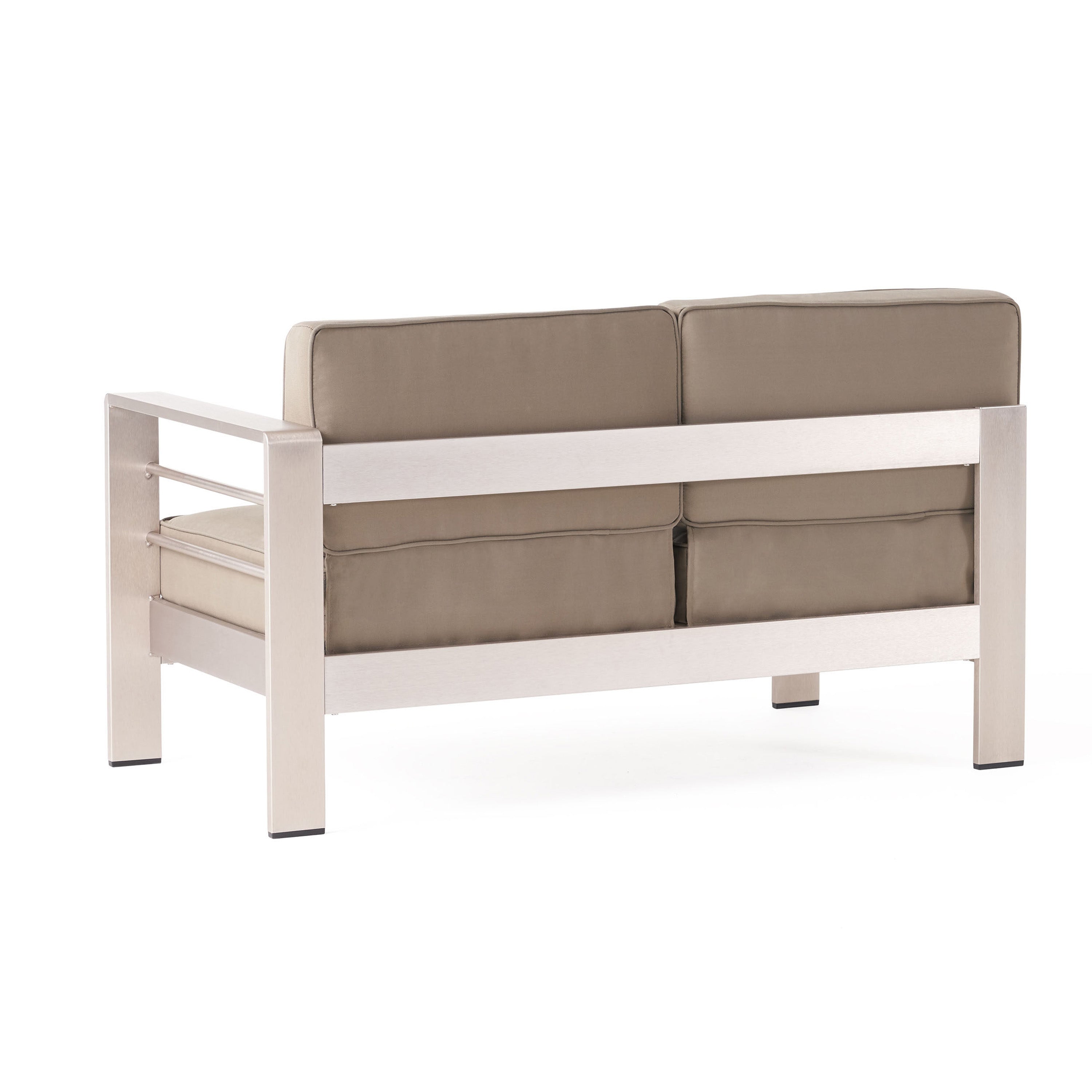 Emily Coral Outdoor Aluminum 5-Seater V-Shape Sectional Sofa Set with Ottoman, Silver and Khaki