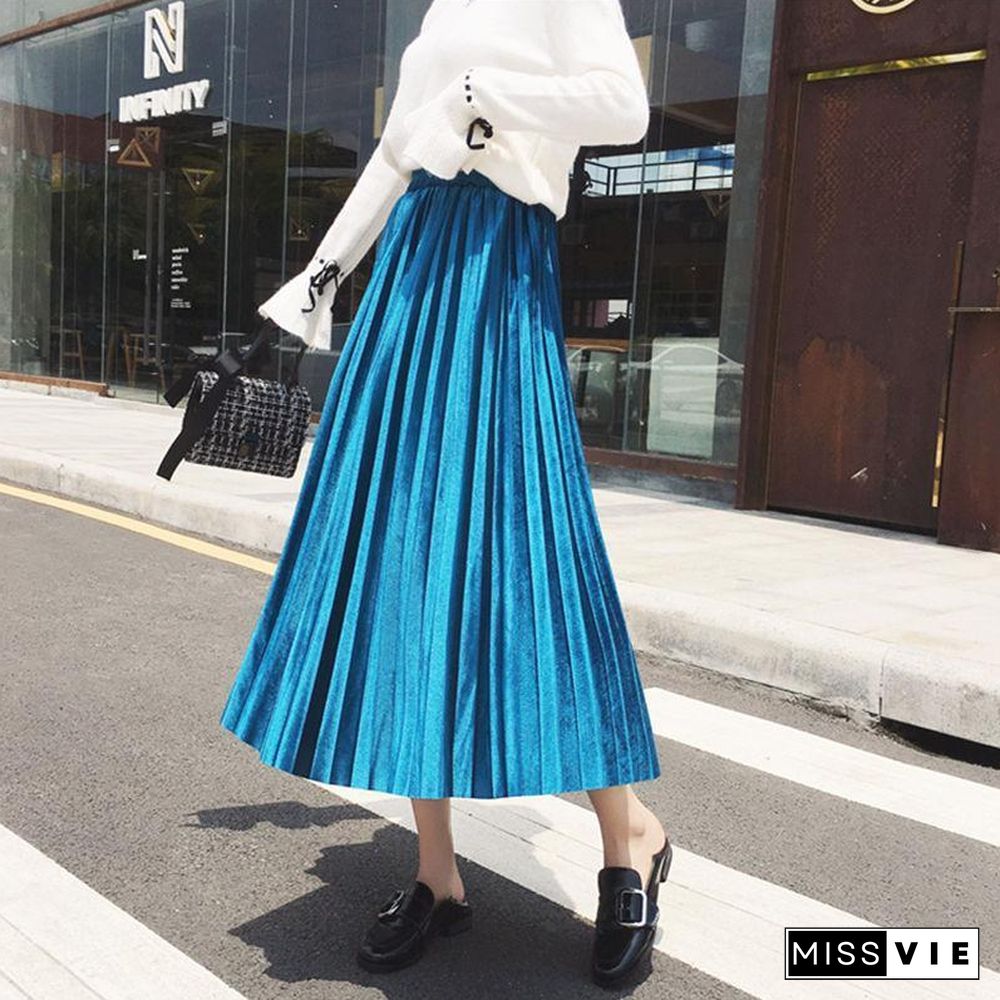 Fasion High Waist Pleated Velvet Skirt