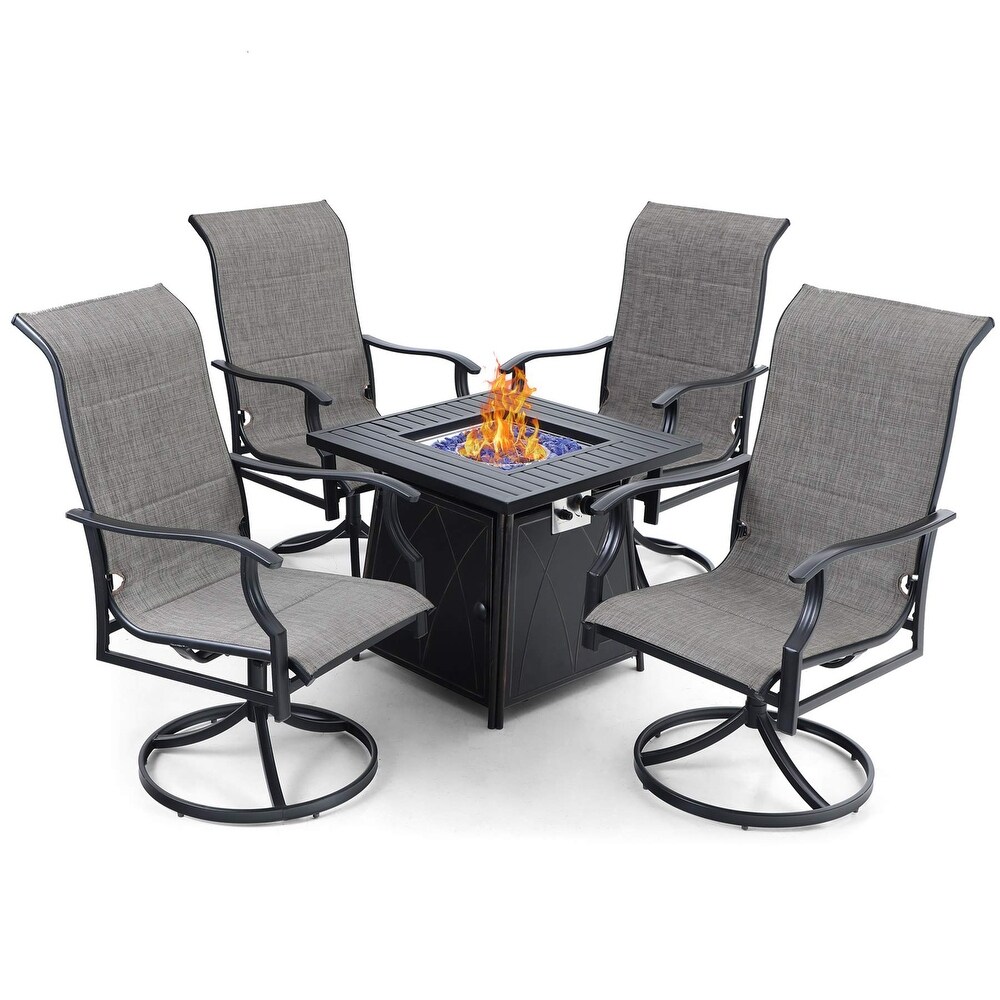 MFSTUDIO 5 Piece Outdoor Fire Pit Set  28 Inch Square Propane Gas Fire Pit Table with 4 Padded Textilene Fabric Swivel Chairs