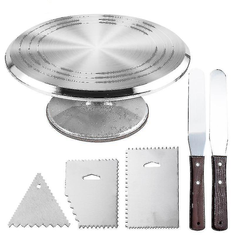 6 Piece Super Combo Stainless Steel And Aluminium Alloy Set Of Cake Decorating Tools Featuring Turntable Cake Stand