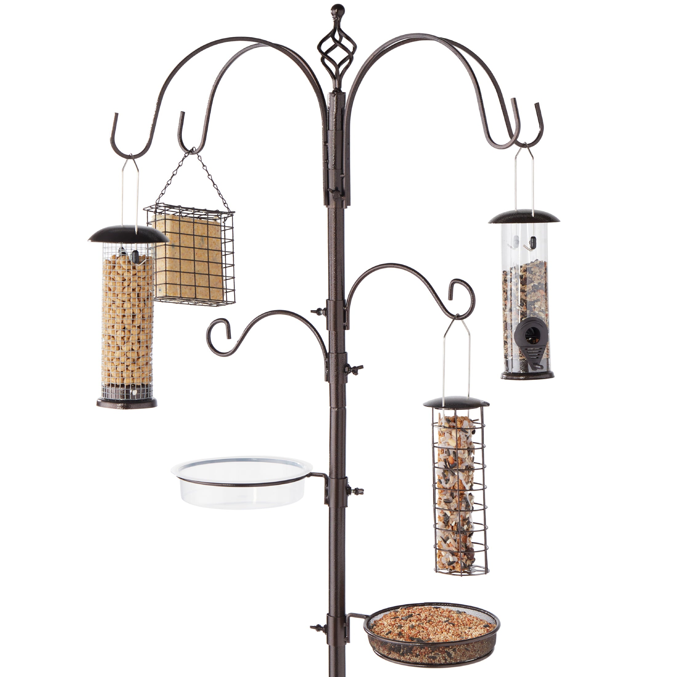 Best Choice Products 89in 6-Hook Bird Feeding Station， Steel Multi-Feeder Stand w/ 4 Feeders， Tray， Bird Bath - Brown