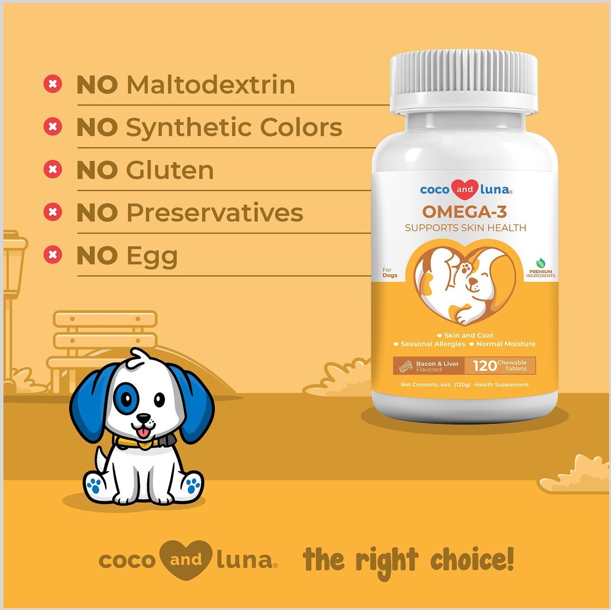 Coco and Luna Omega 3-6-9 Skin and Coat Bacon and Liver Flavor Dog Supplement， 120 count