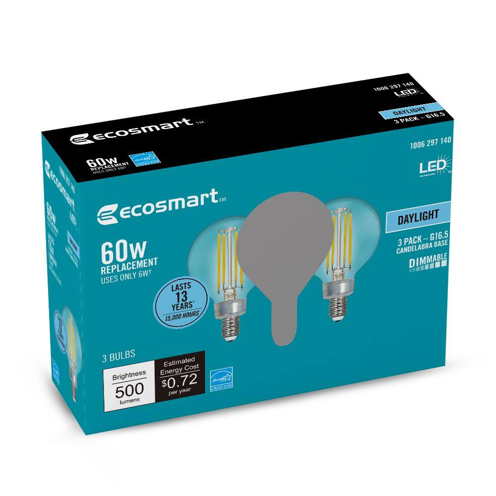 EcoSmart 60-Watt Equivalent G16.5 Dimmable ENERGY STAR CEC Filament LED Light Bulb Daylight (3-Pack) G16.5C6E12950Z