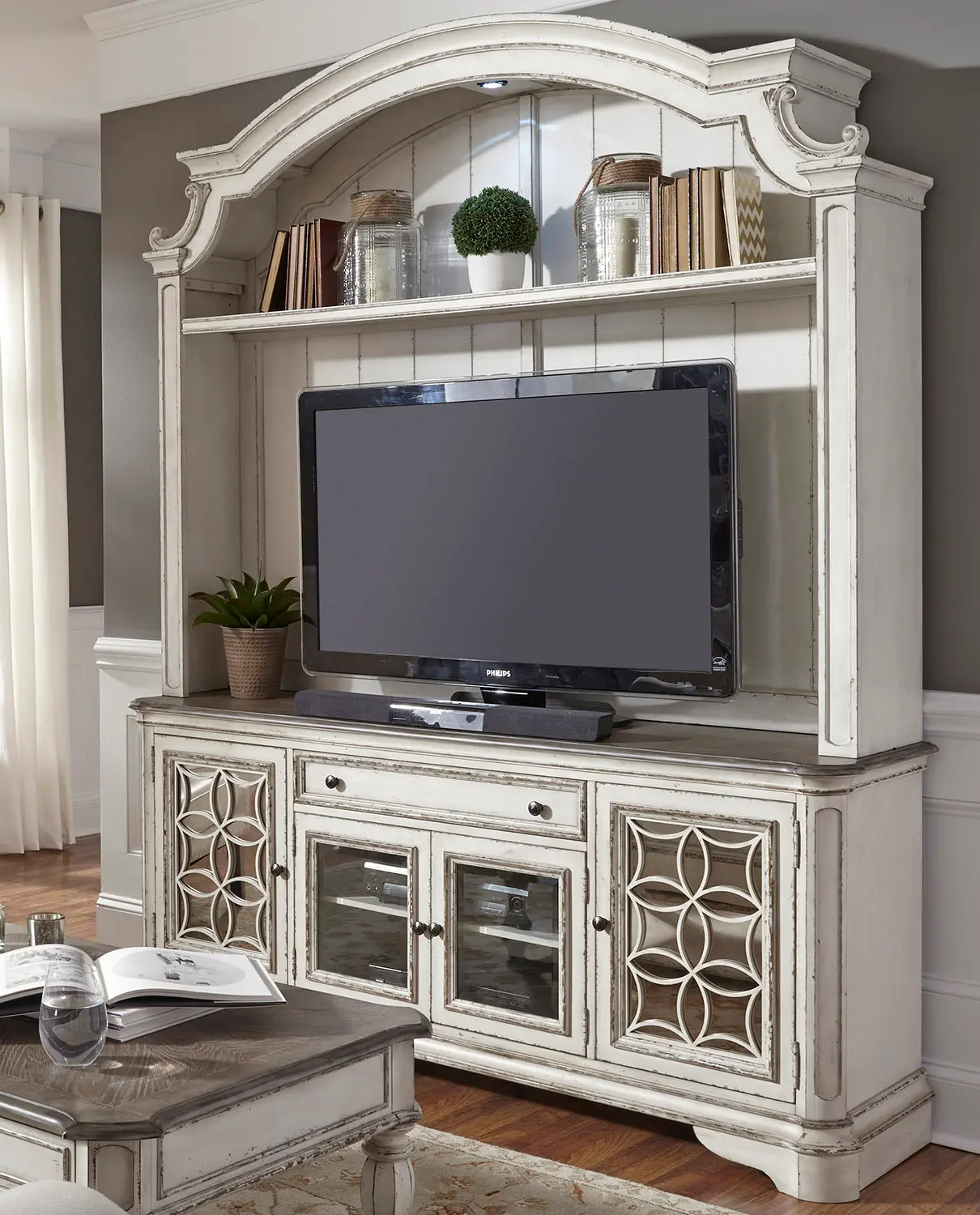 Magnolia Manor Distressed White 2 Piece Antique Entertainment Center