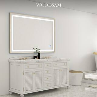 WOODSAM 55 in. W x 40 in. H Rectangular Aluminum Framed Anti-Fog LED Lighted Wall Bathroom Vanity Mirror in Brushed Gold LM02-W5540-BG