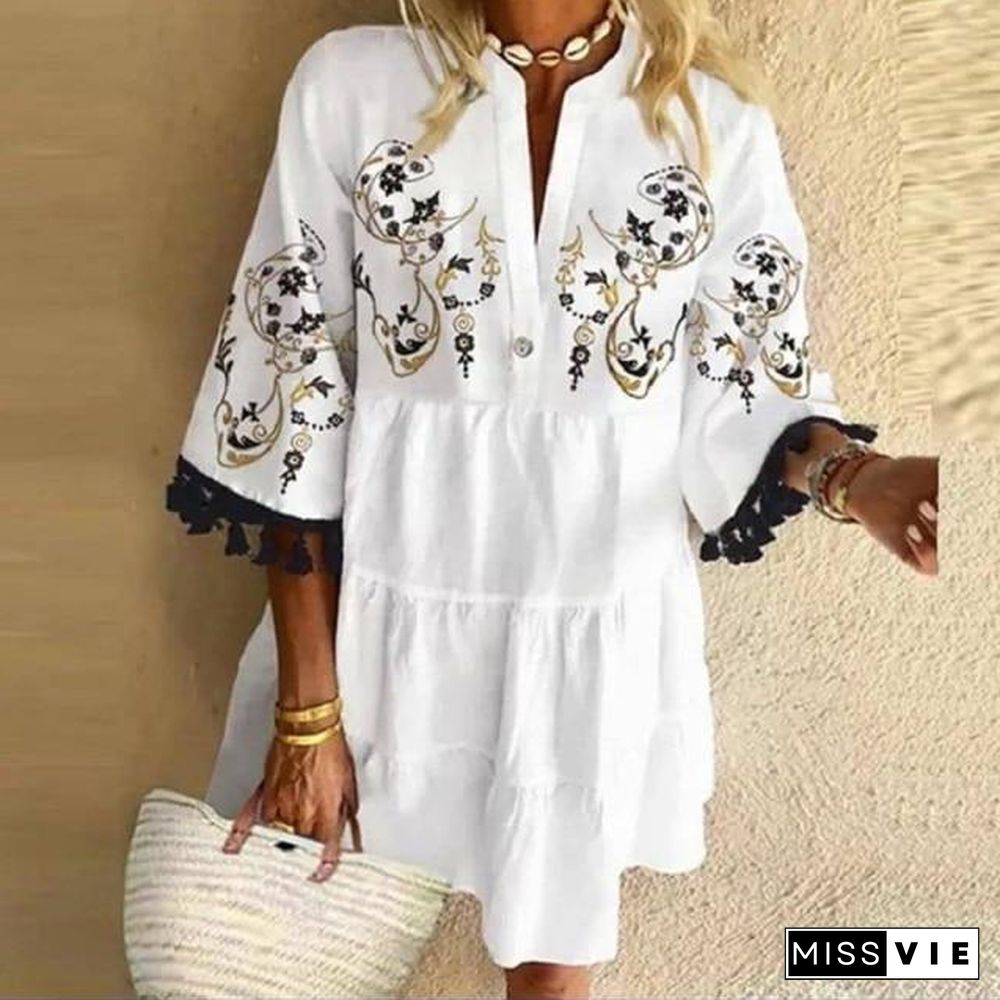 Plus Size 5XL Floral Print Boho Dress Women Tassle Sleeved White Mini A-Lline Dress Autumn New Sweet Bohemian Loose Dresses