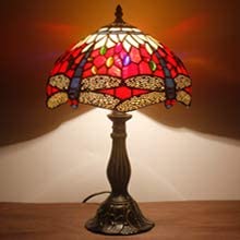 SHADY Tiffany Table Lamp Red Yellow Stained Glass Dragonfly Style Bedside Lamp Desk Reading Light 12X12X18 Inches Decor Bedroom Living Room Home Office S328 Series