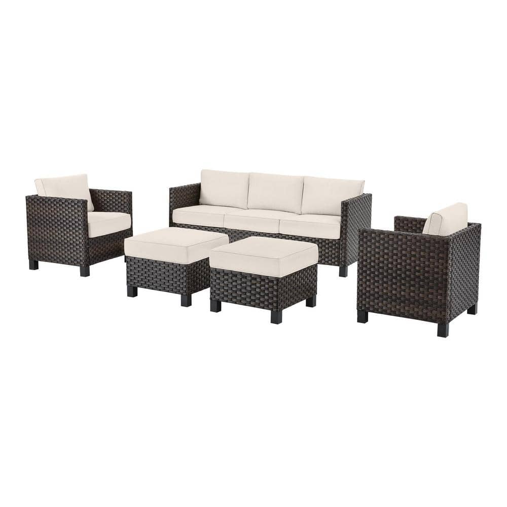 StyleWell Sharon Hill Powder Coating 5-Piece Dark Wicker Patio Conversation with Almond Biscotti Cushions DE228565758D