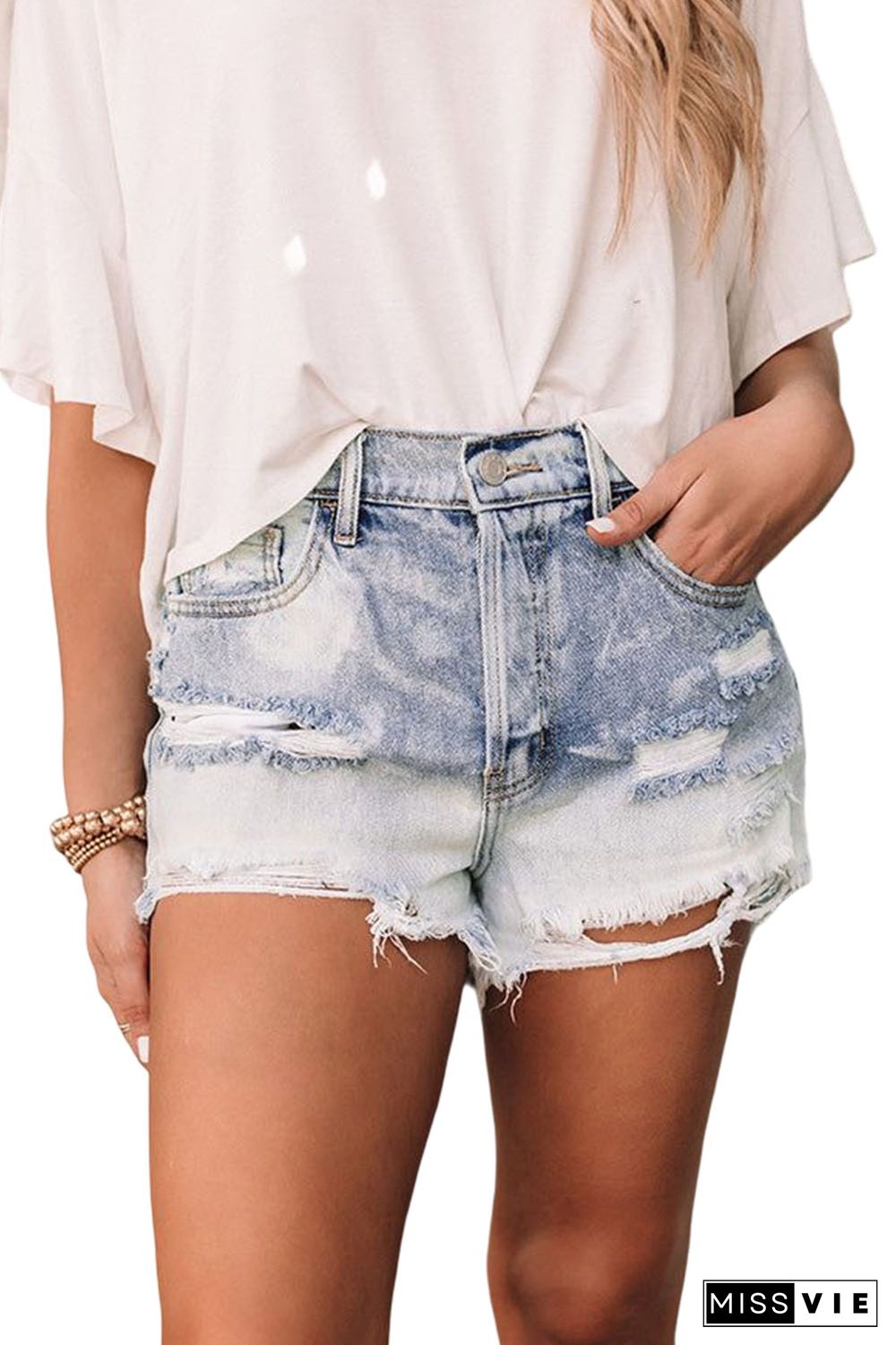 Sky Blue Bleached Wash Distressed Denim Shorts