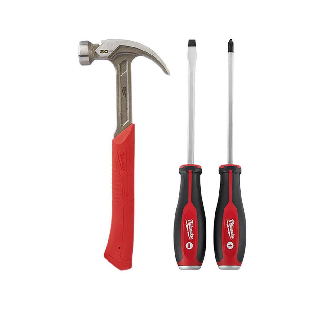 MW 20 oz. Curved Claw Smooth Face Hammer with 2-Piece Demo Screwdrivers 48-22-9080-48-22-2702