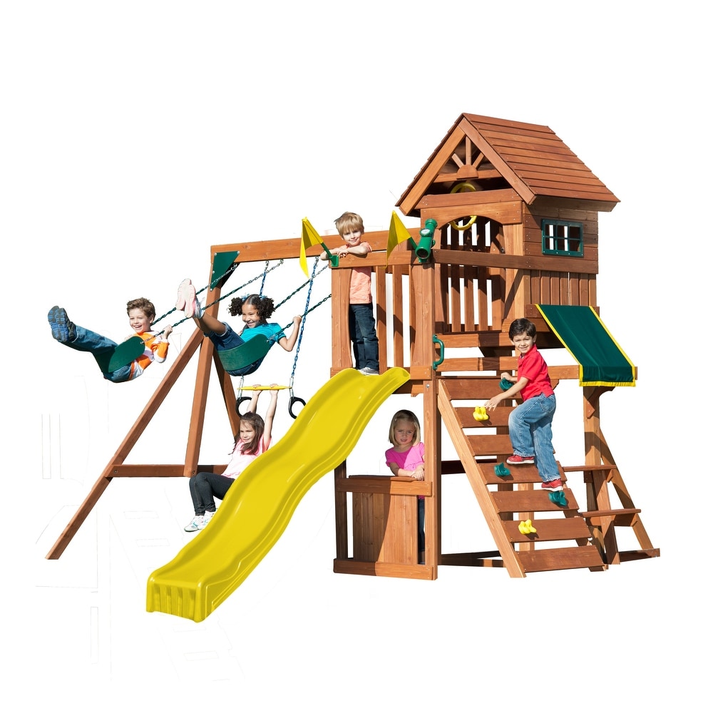 Swing N Slide Jamboree Fort Wooden Swing Set w/ Rock Wall  Picnic Table and Awning   13' W x 13' L x 9' 6\