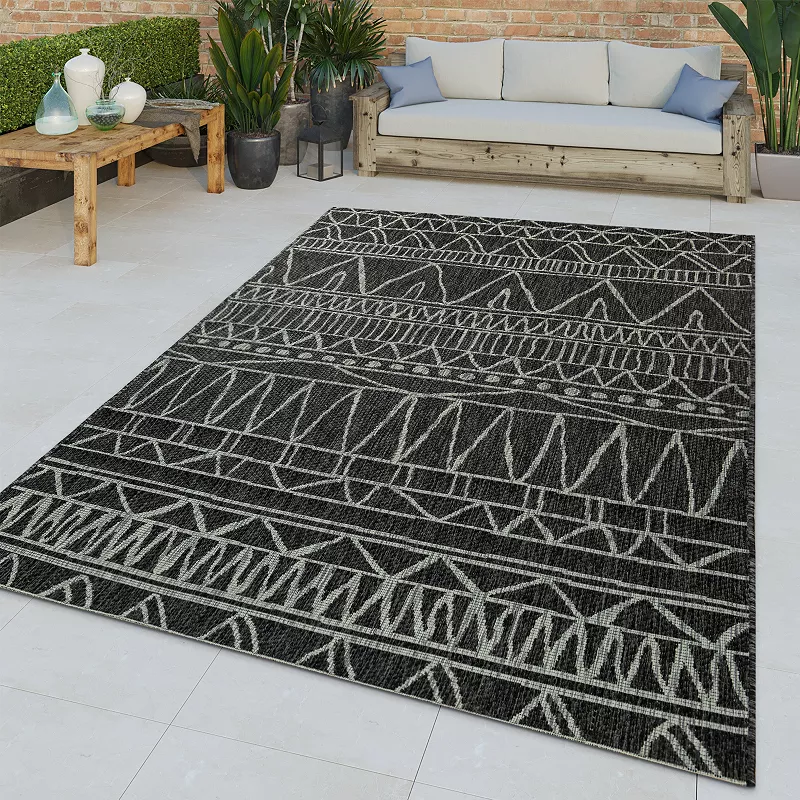 Black Grey Outdoor Rug Modern Ethnic pattern for Patio/Balcony