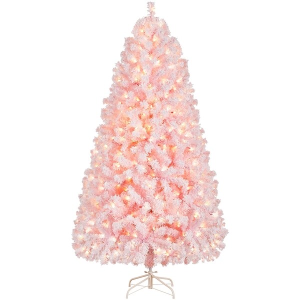 Yaheetech Prelit Flocked Artificial Christmas Tree Snow Frosted Christmas Tree，Pink