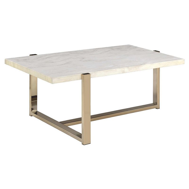 Modern Metal Framed Coffee Table with Faux Marble Top， White and Gold