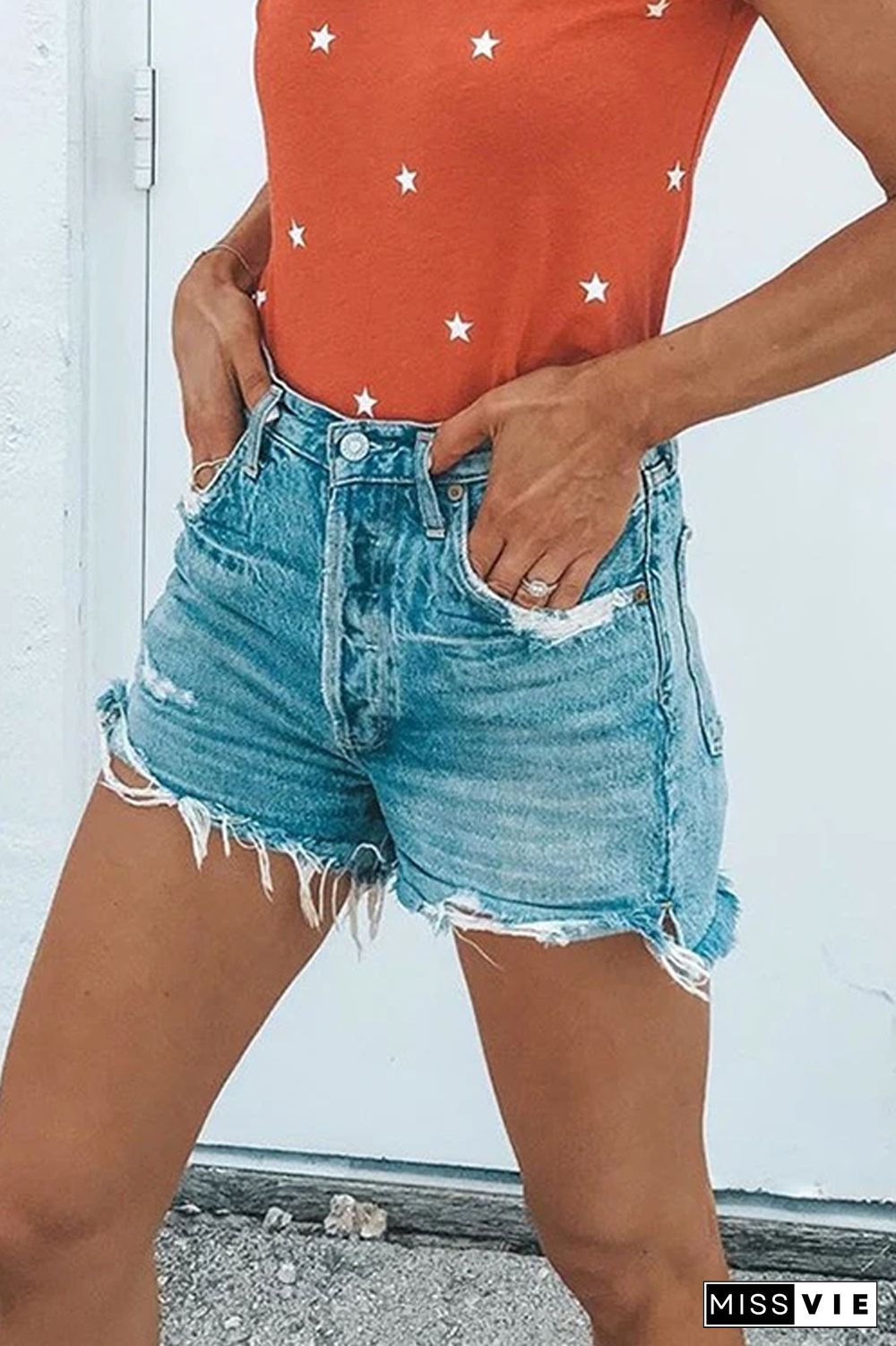 KarliDress Frayed Raw Hem Ripped Denim Shorts P12551