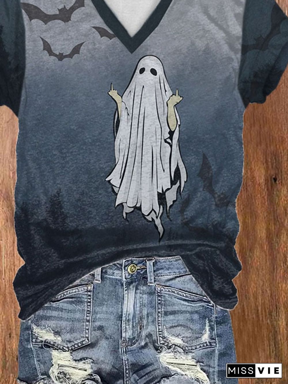 Women's Casual Ghost Art Printed Short Sleeve T-Shirt