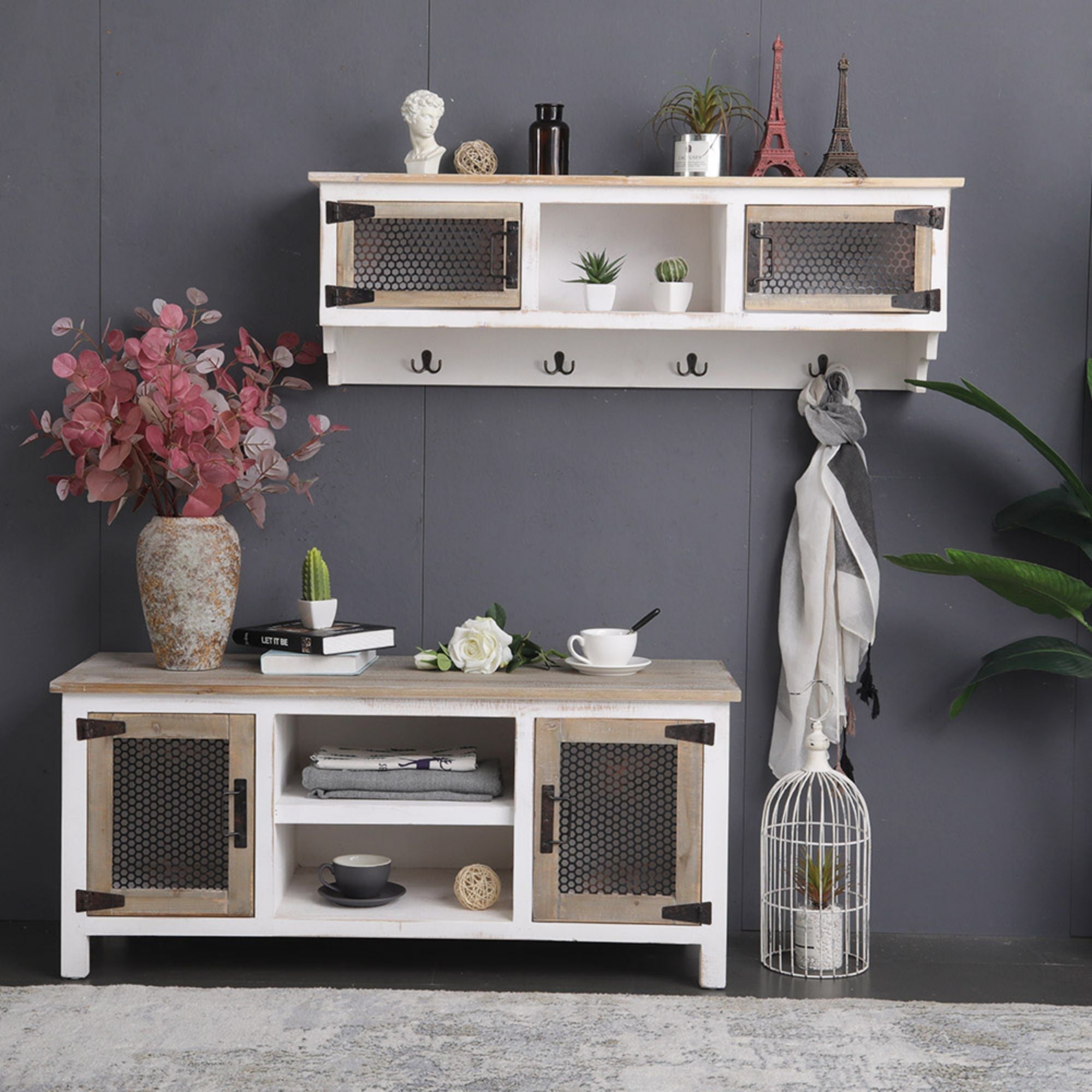 Clihome White Rectangle Sturdy Wood Console Table with Durable Metal Mesh Door