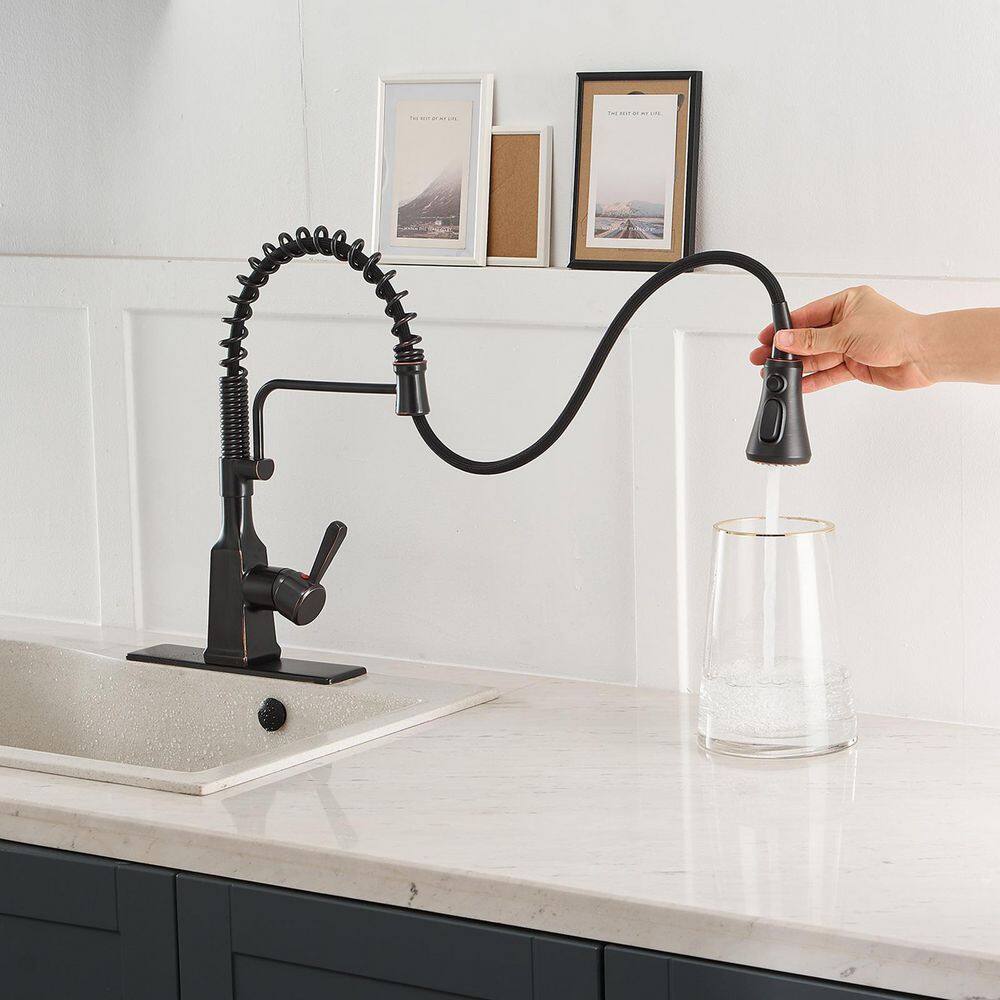 BWE Single-Handle Pull-Down Sprayer 3 Spray High Arc Kitchen Faucet With Deck Plate in Oil Rubbed Bronze A-94557-ORB