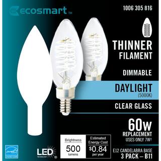 EcoSmart 60-Watt Equivalent B11 Dimmable E12 Candelabra Fine Bendy Filament LED Vintage Edison Light Bulb Daylight (3-Pack) B11C7E12850S