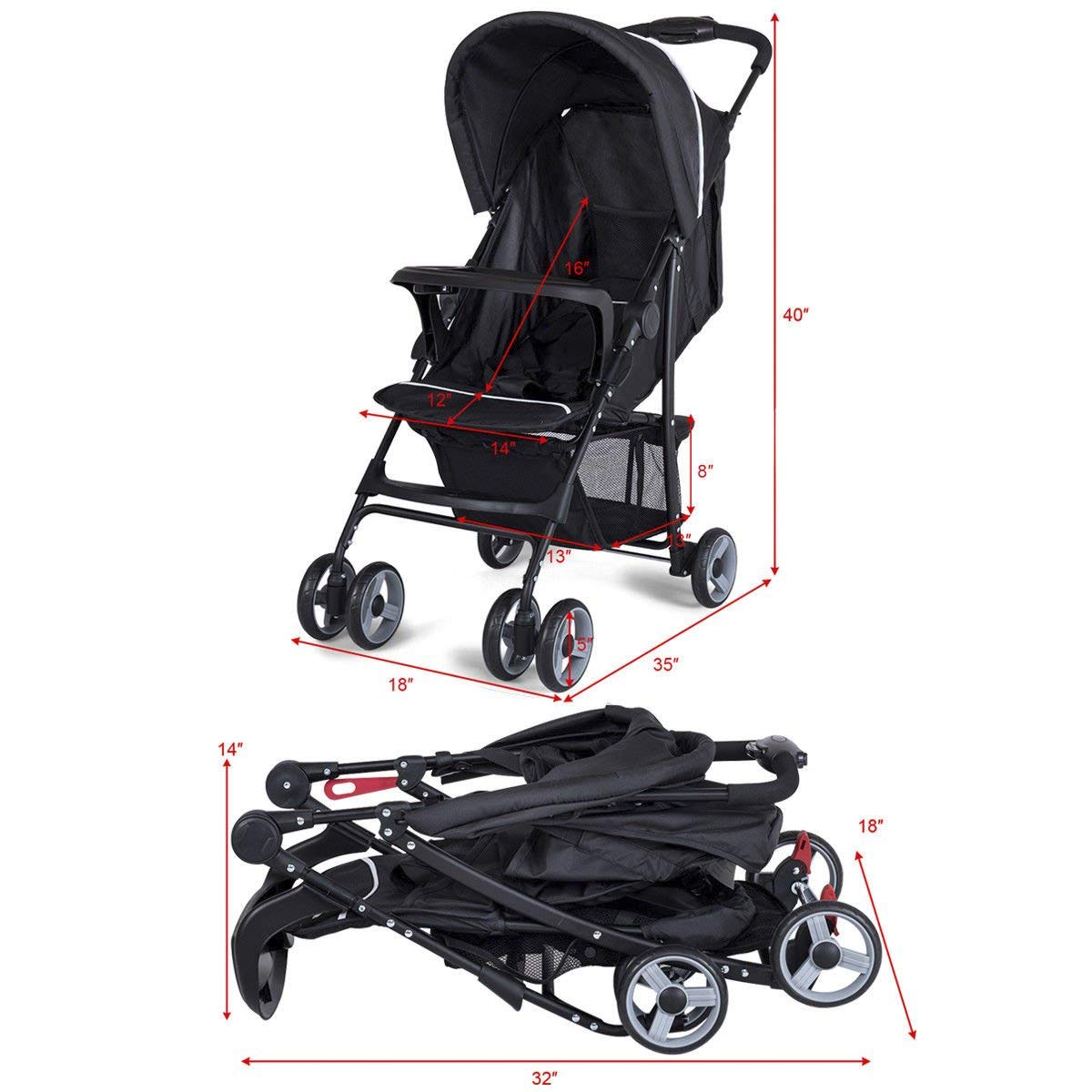 Costzon Lightweight Baby Stroller, Foldable Stroller with 5-Point Safety System and Multi Position Reclining Seat