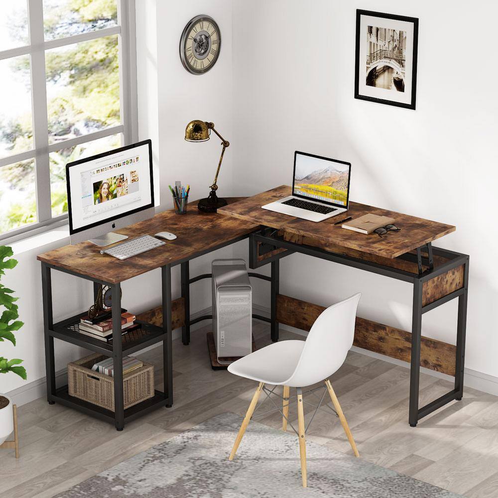 Tribesigns Lantz 59 in. L Shaped Rustic Brown Wood and Metal Computer Standing Desk with Lift Top and Storage Shelves TJHD-QP-1273