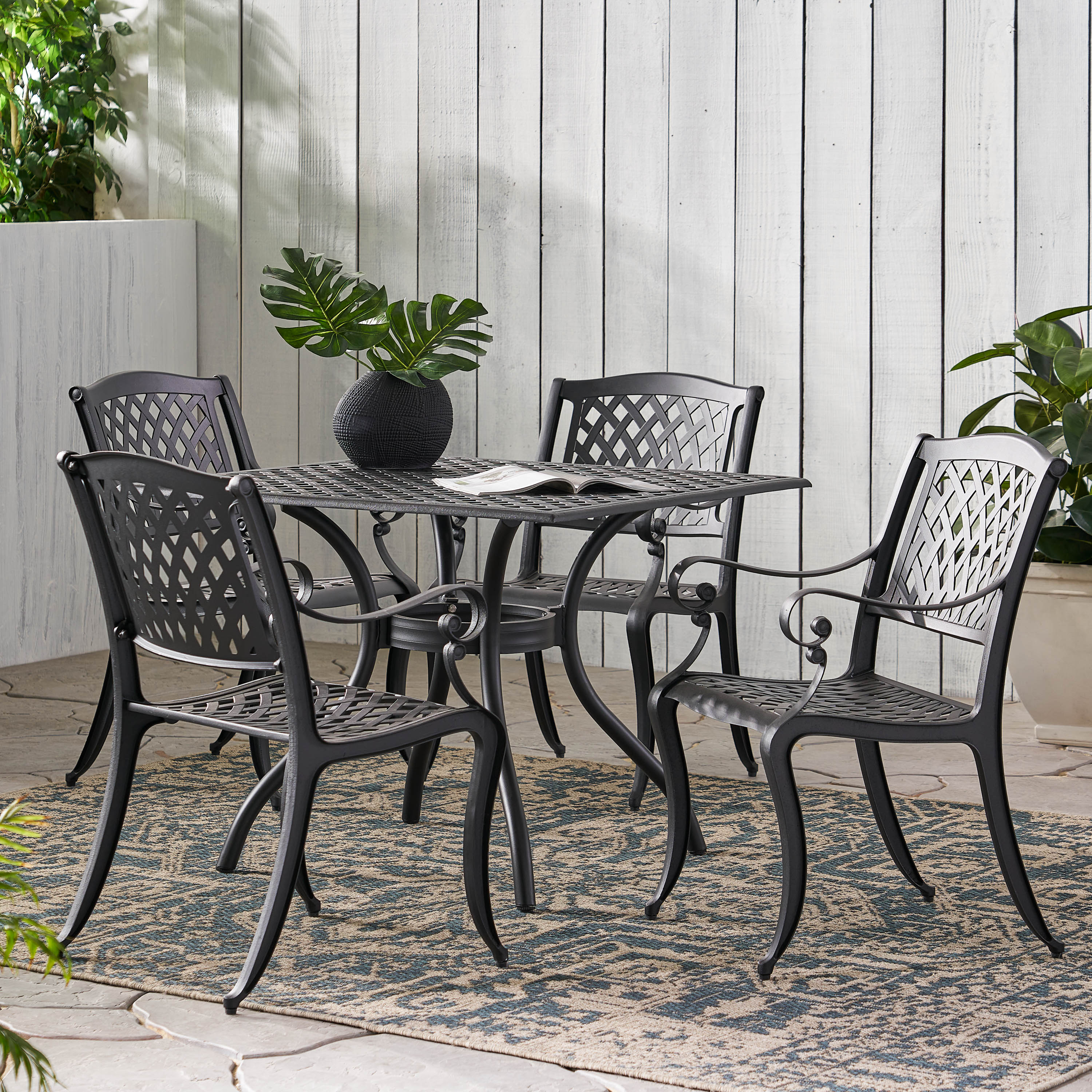 Marietta Traditional Outdoor 5-Piece Black Sand Cast Aluminum Dining Set