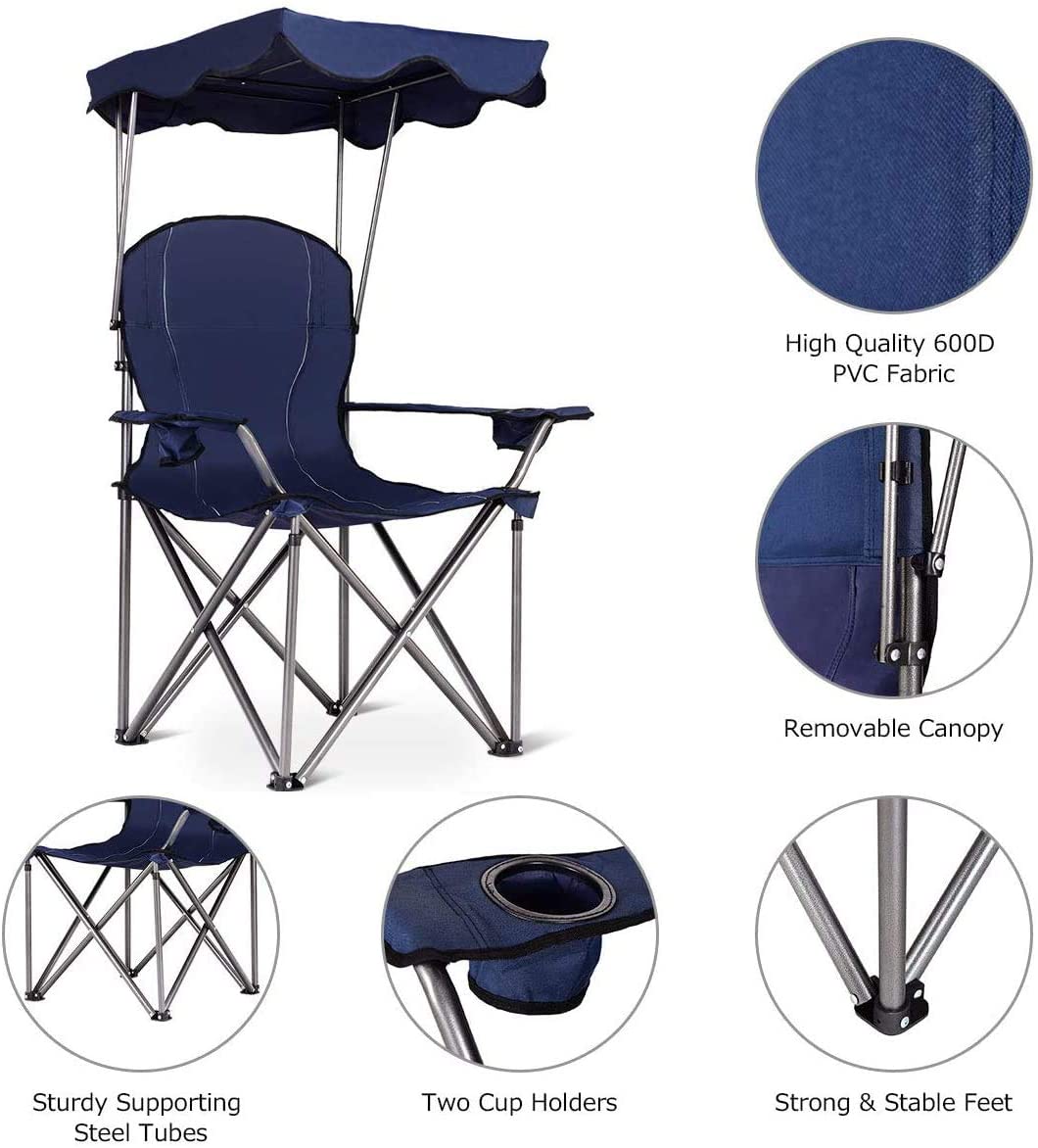 Beach Chair with Canopy Shade, Folding Lawn Chair with Umbrella Cup Holder & Carry Bag, Portable Sunshade Chair for Adults for Outdoor Travel Hiking Fishing, Blue