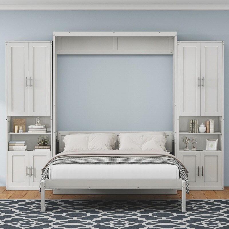 Full/Queen Murphy Bed Frame w/ Storage Shef   1/2 Side Cabinet  Modern Wall Cabinet Bed Folding Wall Bed  Hidden Bed Gas Struts