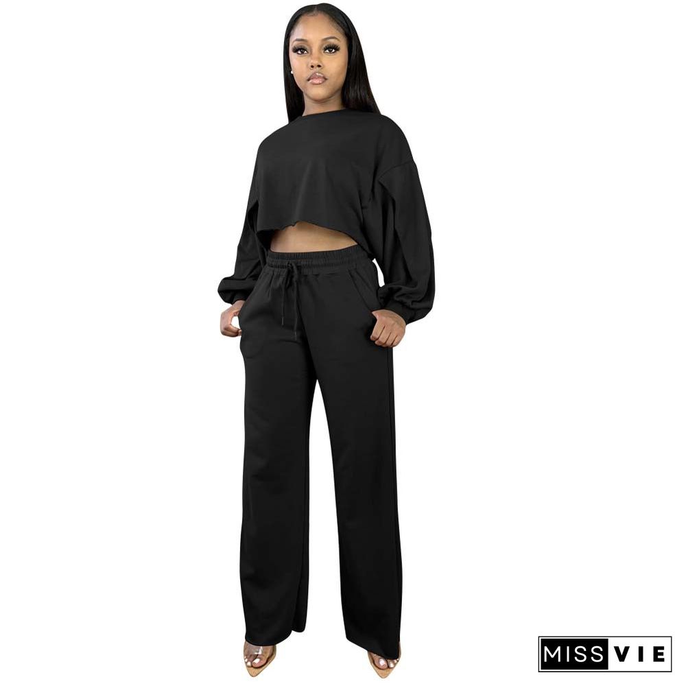 Long Sleeve Crop Top Drawstring Wide Leg Pants Set