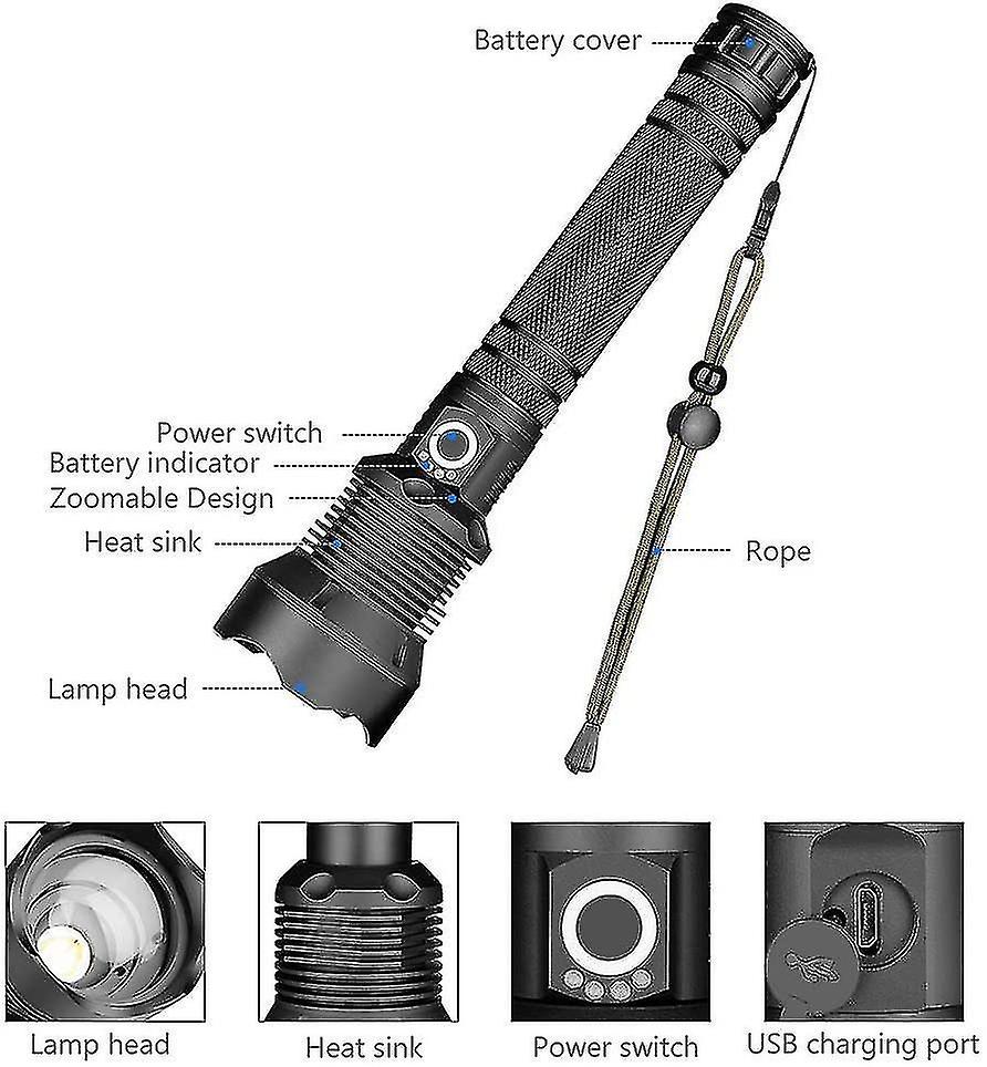 Led Flashlight， 90000 Lumens Xhp70 Ultra Powerful Adjustable Zoomable Waterproof Torch Flashlight， U